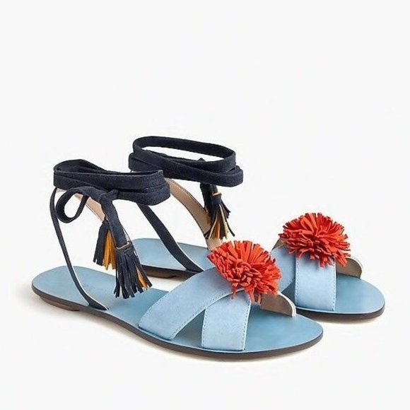 J. Crew Shoes - J. CREW Lace-up Suede Sandals with Pom-Pom Sz 6.5